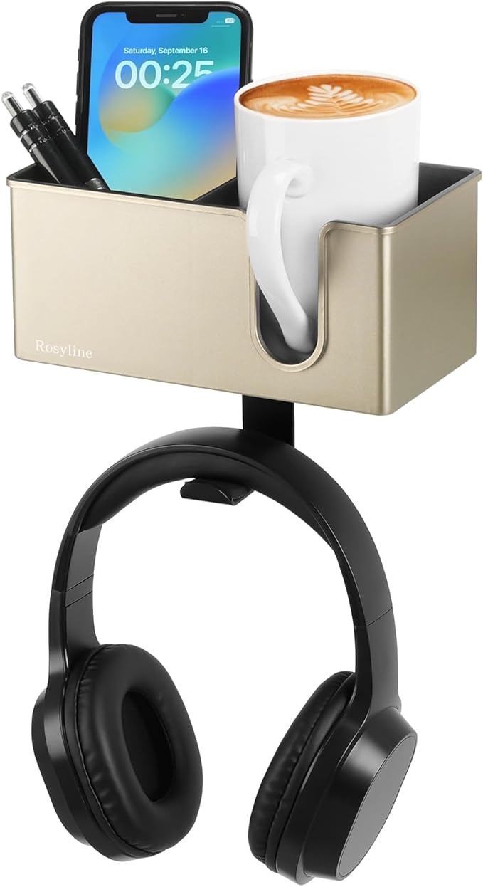 Rosyline 3-in-1 Desk Cup Holder & Clip-on Cup Holder, Clip on Desk Organizer – with Anti-Spill Function, Keeps Your Coffee, Headset, Phone & Pens Within Easy Reach, for Office Desk (Champagne)