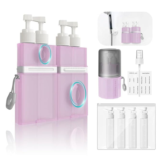YOTIME 4 in 1 Travel Dispenser Bottle, Vacuum Silicone Suction Cup for Smooth Walls, TSA Approved Leak Proof Travel Size Containers for Toiletries, Shampoo, Body Wash and Conditioner, Pink