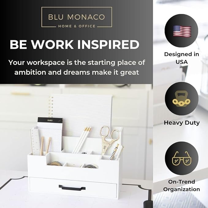 BLU MONACO White Wooden Desk Organizer With Drawer | Desktop Storage With Drawers | Multi-Compartment Desk Caddy for Home Office | 5.7”D x 12.9”W x 9”H Tabletop Accessory Holder