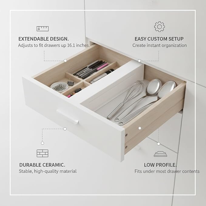 White Ceramic Adjustable Drawer Divider, Extendable Organizer for Kitchen & Office, Fits Up to 16.1 Inches