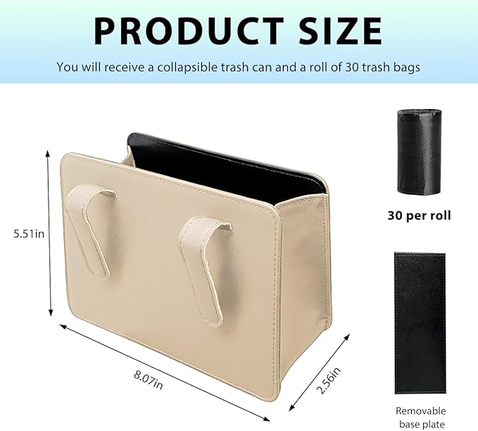 Car Trash Can, Waterproof Leather Hanging Storage Container Vehicle Dustbin, Auto Foldable Mini Garbage Organizer Trash Bag for Truck SUV RV, Essential Car Accessories (Beige)