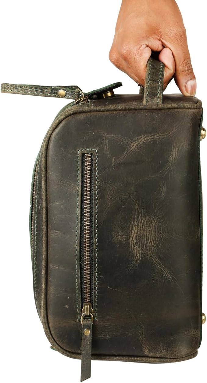 KomalC Leather Toiletry Bag for Men & Women – Handcrafted Travel Grooming Kit with Water-Resistant Lining and Secure Zipper Closure