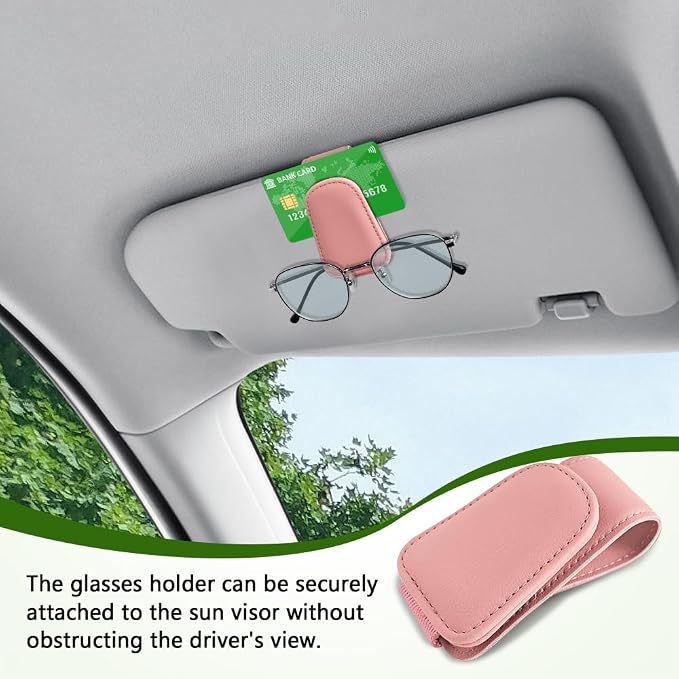 Sunglass Holder for Car, Sunglasses Clip for Car Visor, Magnetic Leather Vehicle Eyeglass Hanger Clip, Auto Ticket Card Glasses Organizer Clamp Accessories for SUV Sedan (Pink)
