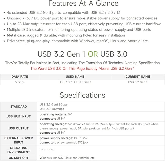 Waveshare 4-Ch USB 3.2 Gen1 HUB, Compatible with Windows, macOS, Linux and Android, Metal Case with Wall-Mount Support, Driver-Free, Plug-and-Play