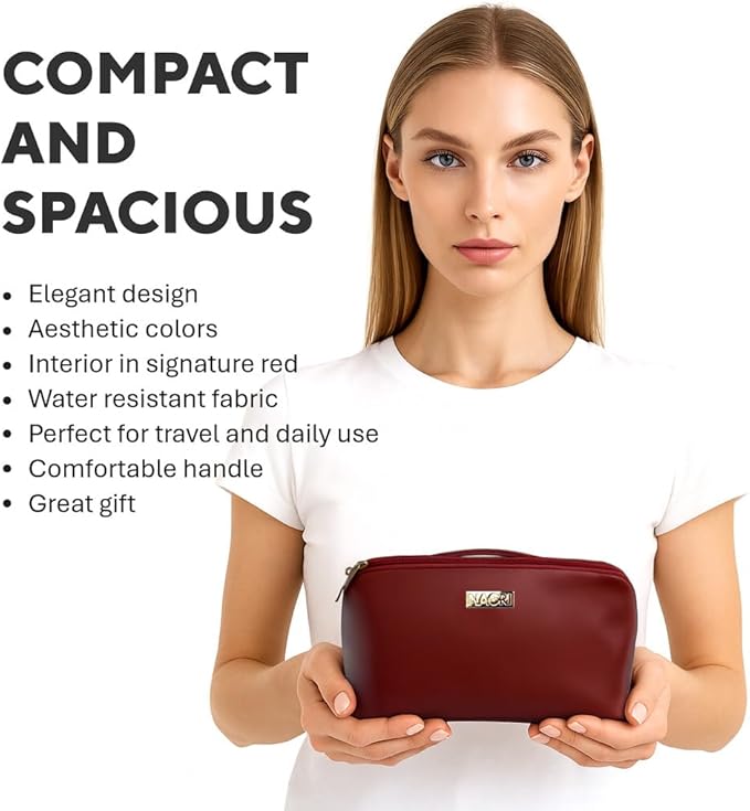NAORI Travel Makeup Bag for Women | Large Luxury Cosmetic Organizer with Handle & Inner Pockets | Waterproof Faux LeatherToiletry Bag | Makeup Case for Home, Travel & Gifting (Classic Burgundy)