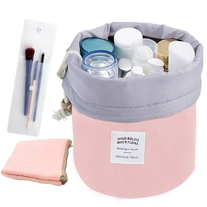 INVODA Drawstring Cosmetic Bag Travel Makeup Bag for Women Toiletry Bag Portable Drawstring Make up Organizer Bag for Travel (Pink)