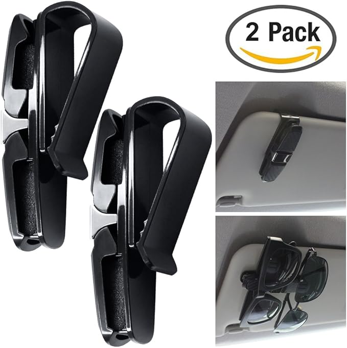 FineGood 2 Pack Glasses Holders for Car Sun Visor, Sunglasses Eyeglasses Mount with Ticket Card Clip - Black