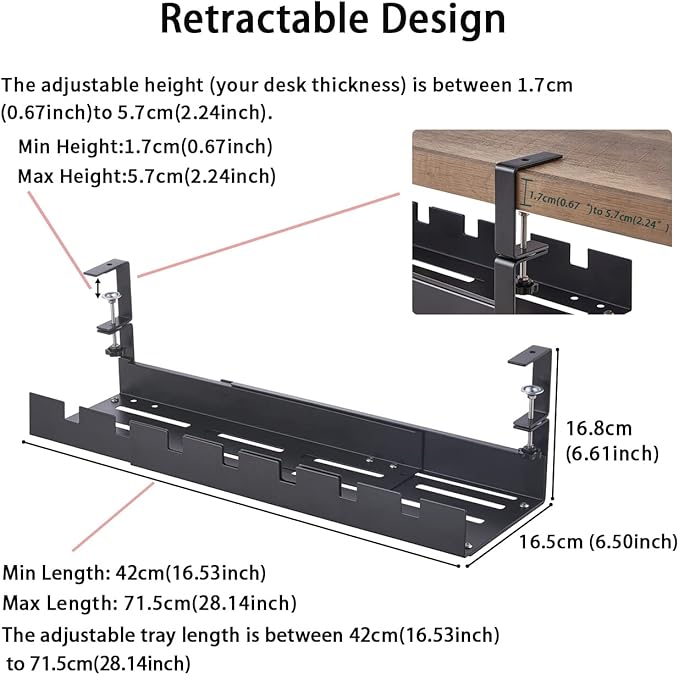 Expandable Under Desk Cable Management Tray, Max Load 22lbs, Clamp Mount, Super Sturdy Metal, No Drill, Cord Organizer for Home and Office, Black