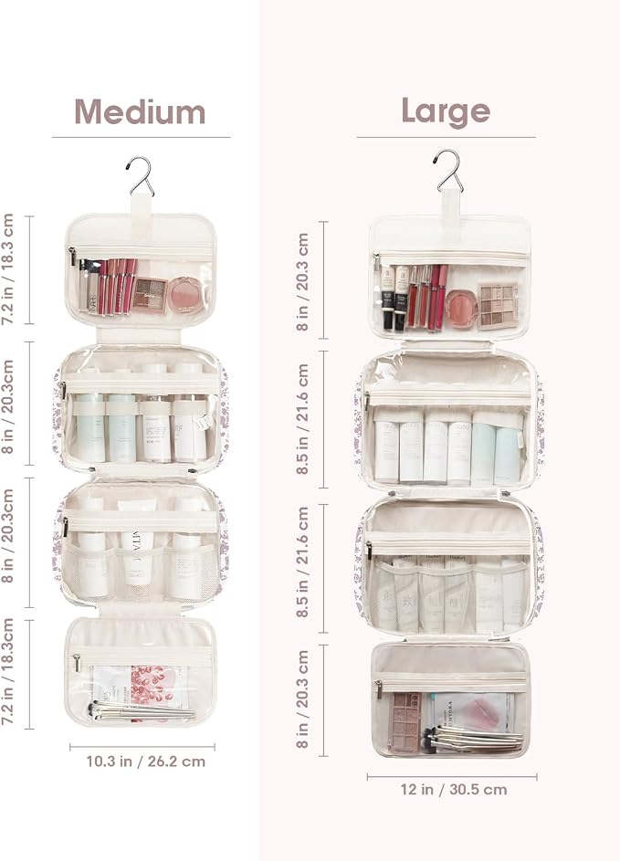 Narwey Hanging Floral Toiletry Bag for Women Travel Makeup Bag Organizer Toiletries Bag for Travel Size Essentials Accessories Cosmetics (Dusty Pink Flower (Medium))