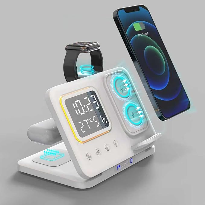 IHAO 5in1 Multi Functional Wireless Charging Station Digital Clock 15W Fast Charging Temperature Display Wireless Charger for All Qi Phone and TWS Headphone Compliant with Apple Watch-DH15 White