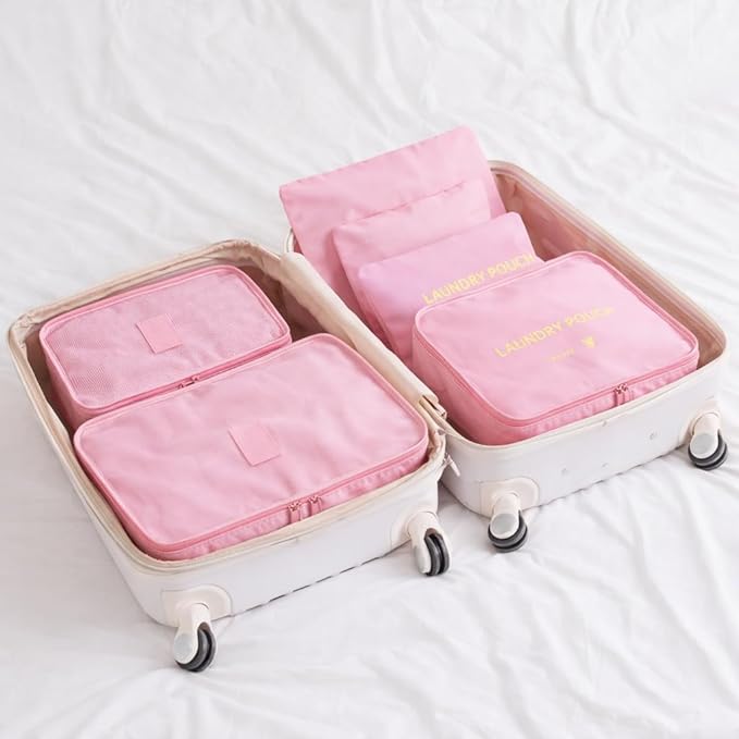 6 Set Travel Packing Cubes for Luggage – Laundry Pouch Organizer Bags, Lightweight Storage Pouches for Clothes, Shoes, and Toiletries (pink)