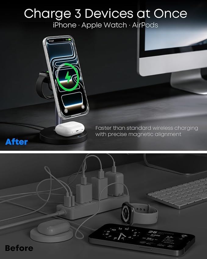 3 in 1 Magnetic Wireless Charging Station, 15W Fast Charger Stand for iPhone, Phone Charger Stand for Desk Nightstand, for iPhone 17/16/15/14/13/12, Apple Watch & AirPods, 18W Adapter Included -Black