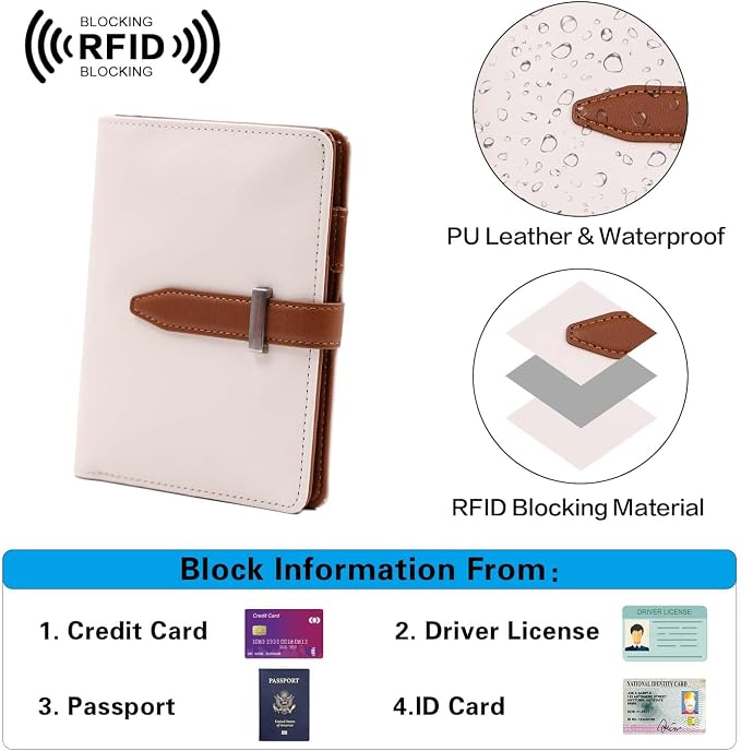 Passport Holder for Men and Women, Cute Passport Wallets, Mulit-Purpose RFID Blocking Passport Holder Wallet, Travel Wallet Passport Cover Case（Cream White）
