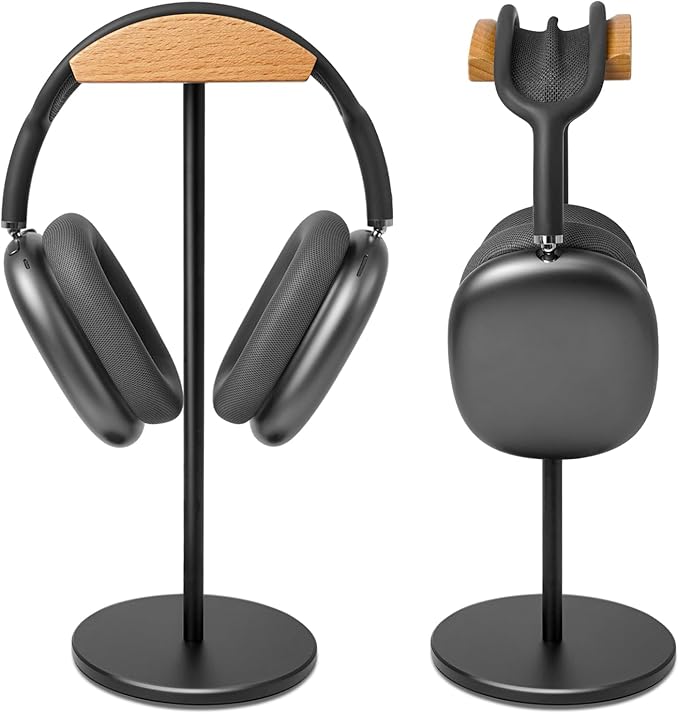 Headphone Stand for Desk - Gaming Headset Stand with Wooden Support Plate, Headset Holder with Aluminum Alloy Support Rod