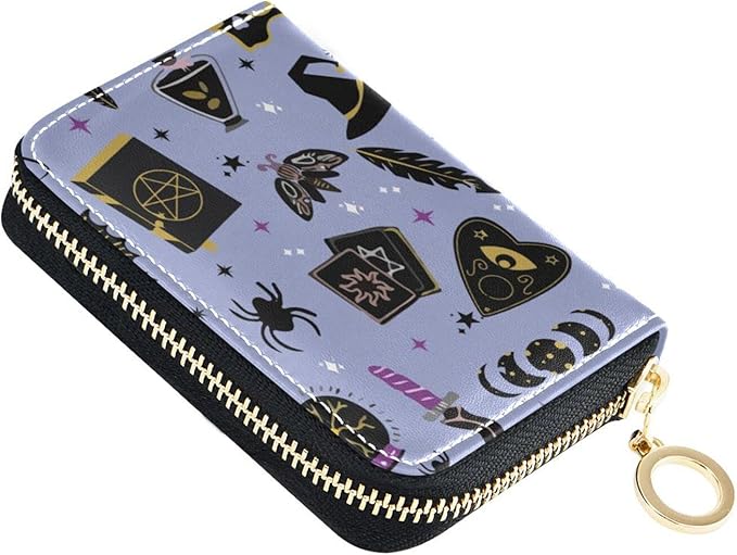 Goth Ouija Board RFID Credit Card Holder Wallets Accordion for Women Leather Zipper Card Case Accordion Wallet for Ladies Girls
