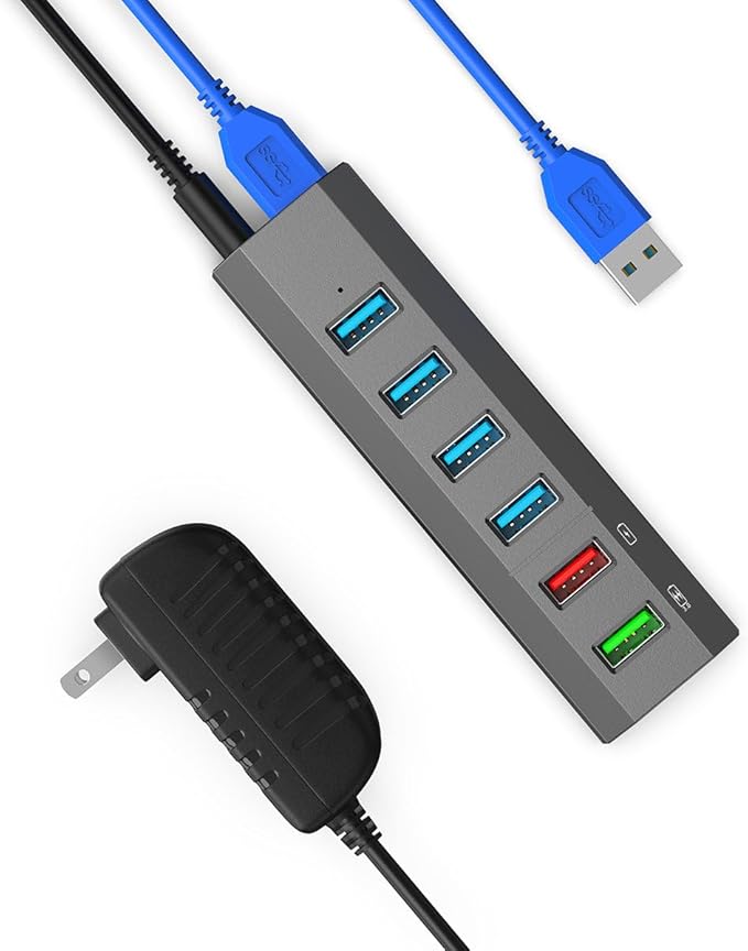 USB Hub, Aiibe 6 Ports Super High Speed USB 3.0 Hub Splitter + Power Adapter + USB 3.0 Cable, Powered USB Hub - Gray