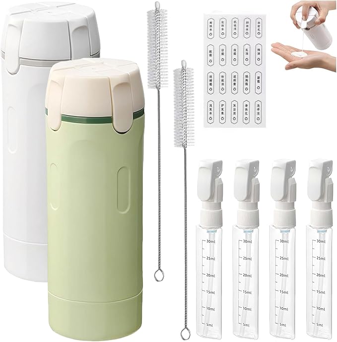 4-in-1 Leakproof Rotatable Travel Dispenser Set - 4 PCS 40ml Travel Bottles for Toiletries, Leak Proof & Press-Type Design, Portable Containers for Shampoo Lotion Conditioner Cream (White+Green)