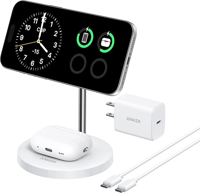Anker MagSafe Compatible MagGo Charger Stand, iPhone 17 Wireless Charger, 2-in-1 Charging Station, Qi2 Certified 15W Fast Charging, for iPhone 17/16/15/14/13/12, AirPods Pro (40W Adapter Included)