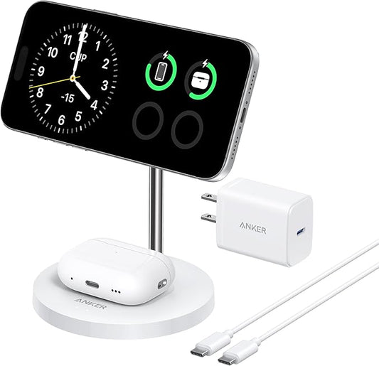 Anker MagSafe Compatible MagGo Charger Stand, iPhone 17 Wireless Charger, 2-in-1 Charging Station, Qi2 Certified 15W Fast Charging, for iPhone 17/16/15/14/13/12, AirPods Pro (40W Adapter Included)