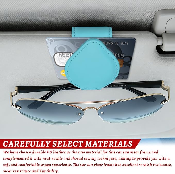 Sunglasses Holders for Car Visor, PU Leather Car Organizer, Magnetic Glasses Holder and Ticket Card Clip, Multi-Functional Auto Sun Visor Eyeglass Holder for Most Vehicles (Blue)