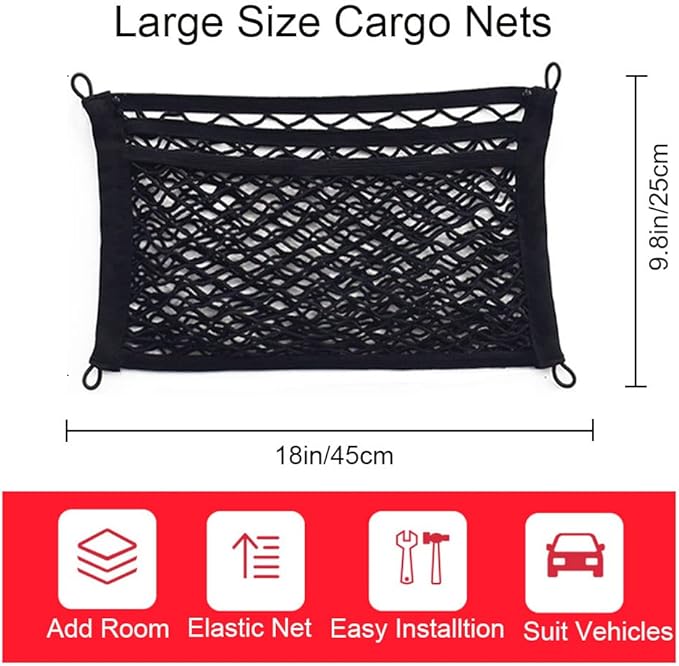 [2 Pack] Upgrade 3-Layer Small Cargo Net for Trunk RV Boats Home Storage Stretchable Mesh Pocket Net with 4 Mounting Screw and Built-in Hooks 18 x 9.8 inch