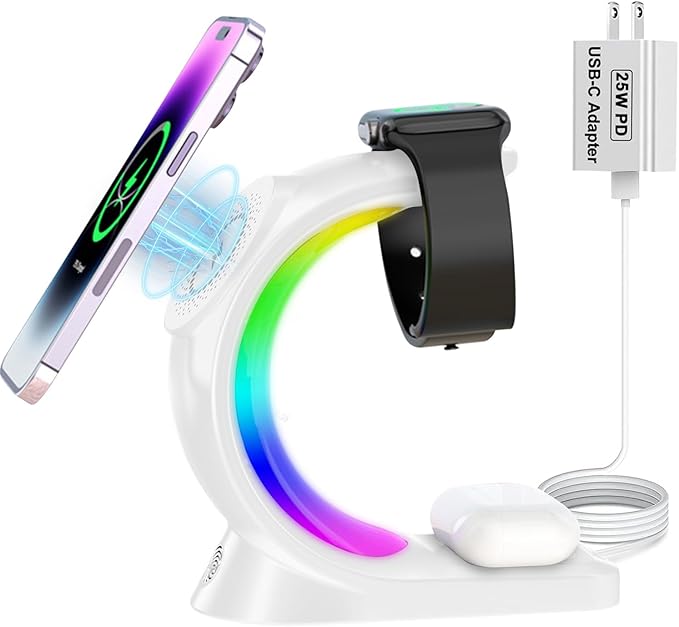 Mag-Safe 3 in 1 Wireless Charging Station, [6-Color RGB Light] 15W Fast Magnetic Wireless Charger Stand for Multiple Devices Apple, for iPhone 17/Air/16/15 Pro Max, for iWatch 2 to 9