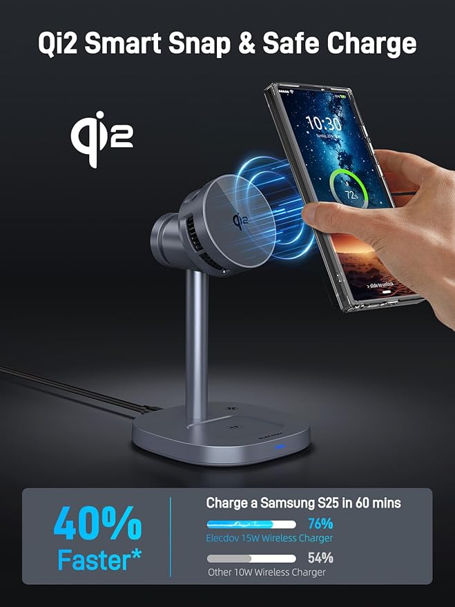 Magnetic Wireless Charger for Samsung, Qi2 Android MagSafe Charging Station with TEC Cooling Fan, 3 in 1 Nightstand Organizer for Samsung Galaxy S26 Ultra, Galaxy Watch Ultra 8, Buds4 Pro