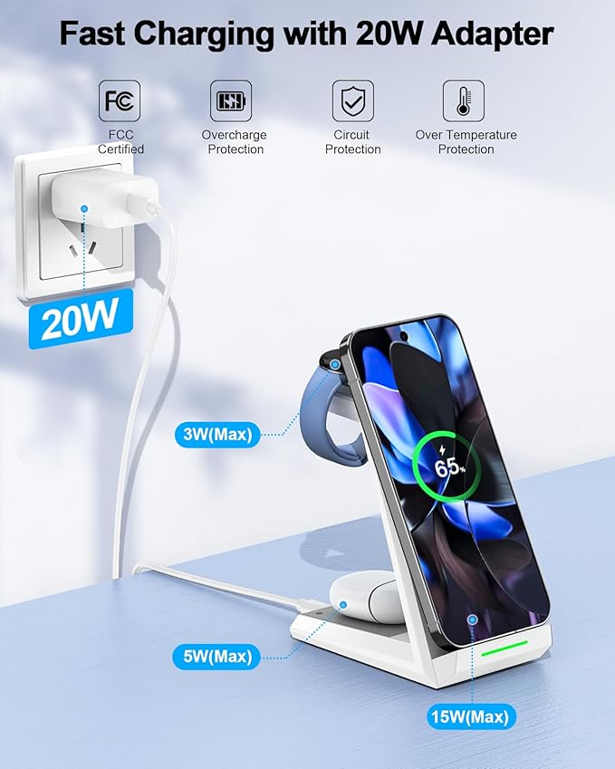 NANAMI Wireless Charger for Google - 3 in 1 Wireless Charging Station Fast Charger Stand Dock for Pixel 9/9 Pro XL/Fold/8/7,Buds Pro 2/Pro, Watch 3/2,Fitbit Versa 4/Sense 2(Not for Pixel Watch 1/4)