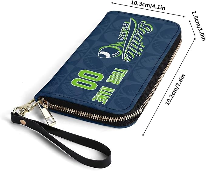 Custom Sports Team Zip Organizer Wallet-Personalized PU Leather Wallet with Name Number,Multi-Card Slots,Wrist Strap,Fan Gift for Men Women.