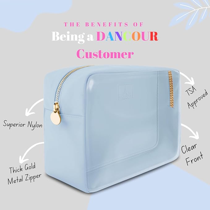 Large Clear Makeup Bag TSA-Approved Travel Cosmetic Pouch Spacious Transparent Toiletry Bag for Women and Girls Waterproof Clear Organizer Case Light Blue