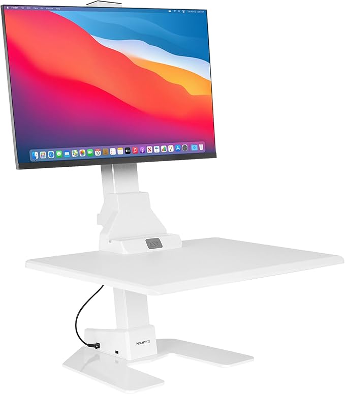 Mount-It! Electric Standing Desk Converter, Adjustable Tabletop Sit Stand Desk Riser with Single Monitor Mount for Monitors up to 32", Freestanding 28" Wide Platform Rises up to 20.75" White