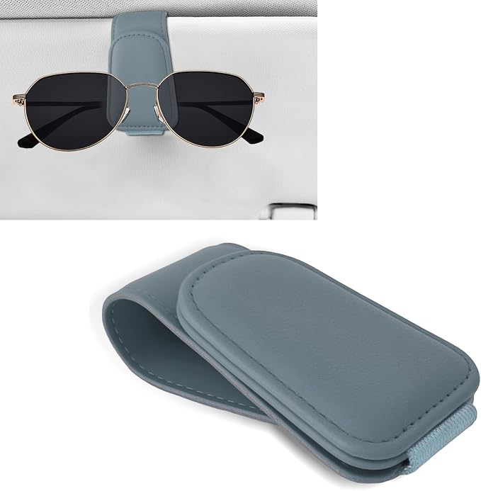 Sunglass Holder for Car, Car Sunglass Holder, Magnetic Leather Sunglasses Holder and Ticket Card Clip, Auto Multi-Functional Sun Visor Eyeglass Holders for SUV Pickup Truck (Light Grey)