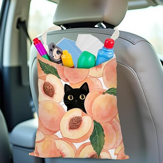 Black Cat Car Trash Bag, Peach Car Trash Bag Hanging, Peach Accessories, Summer Decor Waterproof Cars Back Seat Hanging Organizer Garbage Can for Vehicle Travelling Camping