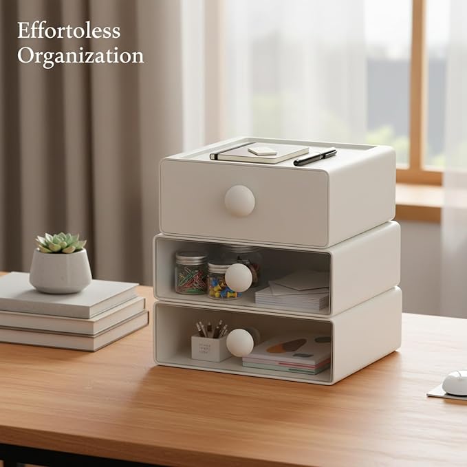 Stackable Desktop Storage Box with Lid, PP Plastic Organizer Bin for Office Desk Clutter, Space Saving File & Supply Container