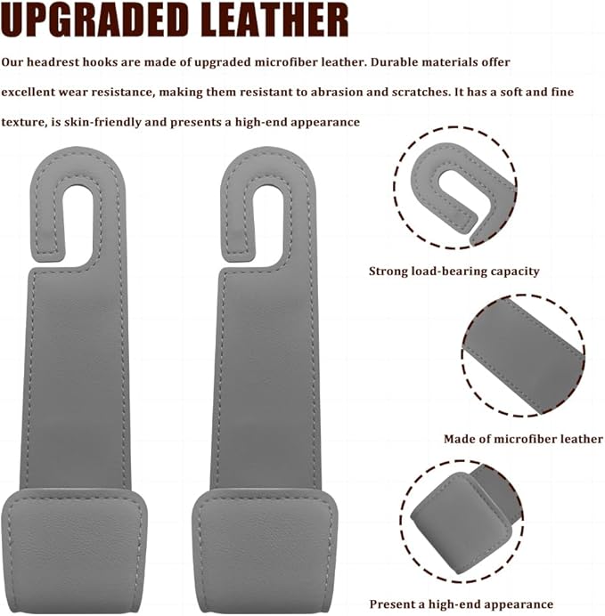 2PCS Car Seat Headrest Hooks, Purse Hook for Car, Automotive Headrest Handbags Holder, Auto Accessories Leather Seatback Organizer Hanger for Hanging Purses Bags Coats (Gray, 2PCS)