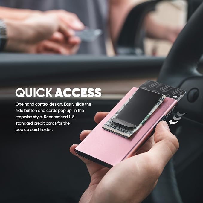 VULKIT Minimalist Wallet with Money Clip RFID Protection Pop Up Card Holder Slim Wallet Credit Card Holder Metal Wallet, Rose Gold