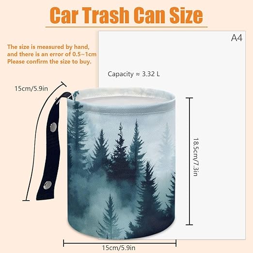 Mountain Forest Car Trash Can Waterproof Garbage Can Car-Seat Back Hanging Trash Bag Portable Camping Waste Bin Storage Bag Collapsible Rubbish Container for Cars (5.9" W,7.2" H)