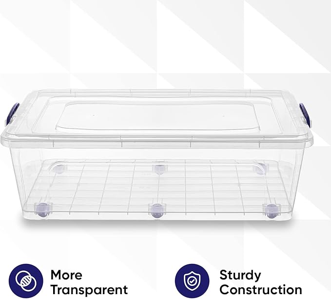 Superio Under Bed Storage Containers with Wheels (3 Pack), Flat Clear Storage Bin Stackable Large Storage Latch Box with Lids Store Cloths, Bedding, Linen, For Under The Bed, Garage, Home