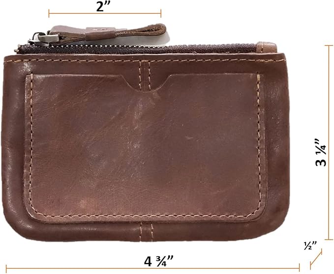 Genuine Leather Coin Purse Pouch for Women Men Vintage Cowhide Grain Leather Slim Mini Wallet Metal Zipper with Real Leather handle (Dark Brown)