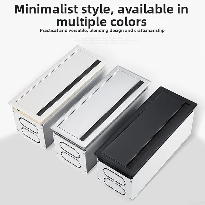 Aluminum Alloy Cable Management Box with Dustproof Brush, Silent Buffered Flip Lid Desk Wire Organizer, Embedded Mounting Desktop Cord Hider, Silver(silver lid)