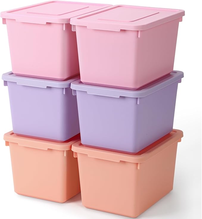 Potchen 6 Pack Cute Plastic Storage Bins with Lids Decorative Stackable Storage Boxes 9.8" ×7.3" ×5.7" Small Storing Totes for Organizing Craft Office Supplies (Pink,Purple,Orange)