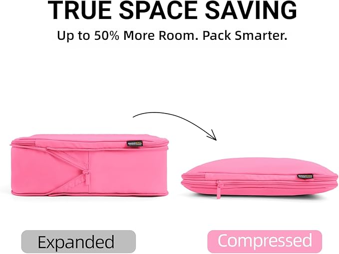 4 Piece Compression Packing Cubes for 3–7 Day Travel, Space Saving Travel Organizers with Breathable Mesh, Double-Zipper Packing Cubes for Carry-On & Suitcases (Pink)