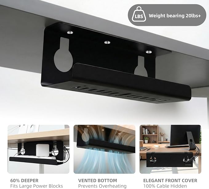 No Drill Under Desk Cable Management Tray with Clamp, Home/Office Desk Cord Organizer and Accessories Storage Shelf, 17'' Metal Cable Organizer for Standing/Gaming Desk, Office Supplies, Black 2 Set
