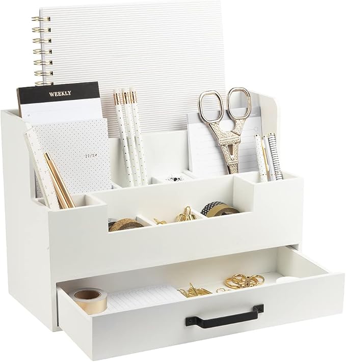 BLU MONACO White Wooden Desk Organizer With Drawer | Desktop Storage With Drawers | Multi-Compartment Desk Caddy for Home Office | 5.7”D x 12.9”W x 9”H Tabletop Accessory Holder