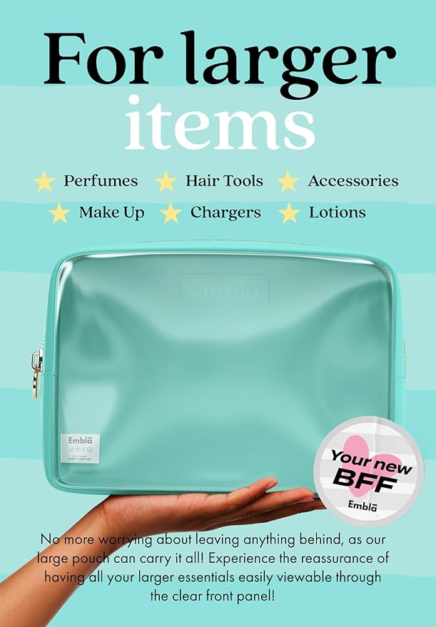 Embla Clear Large Makeup Bag Cute Big Make Up Nylon Pouches Travel Bathroom Bags for Toiletries XL Cosmetic Pouch for Women Girls Extra Large Zipper Toiletry Skincare Organizer Turquoise