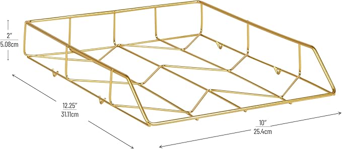 Mind Reader Gold Geometric Paper Tray, Modern Organizer for Documents, Folders, and Office Supplies, Durable and Stylish, Metal, Gold
