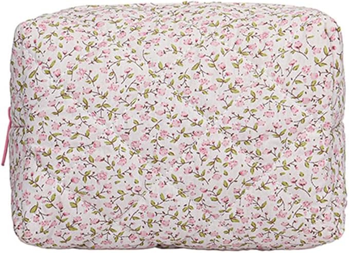 FITINI Makeup Bag Travel Large Portable Quilted Floral Print Cosmetic Organizer Cute Pouch for Women Soft Cotton Zipper Waterproof Toiletry Storage Bags