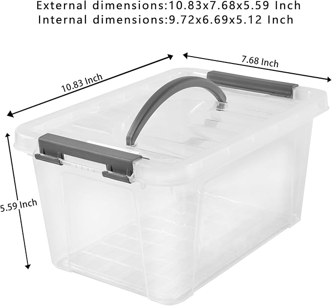Eslite 6 Quart Plastic Stackable Storage Latch Bins,Clear Latching Box with Handle and Lid,Pack of 6 (Grey Handle)