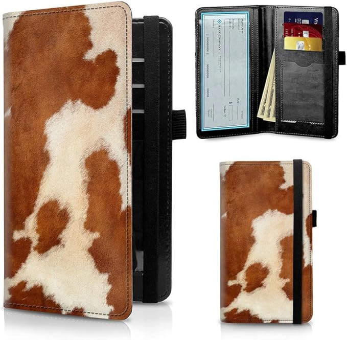 FUYOCWE Checkbook Cover for Men Women Check book Covers Holder for Personal Checkbook Register Duplicate Checks,RFID Blocking Leather Checkbook Wallets w/Elastic Strap-Cow Hide Animal Print Brown