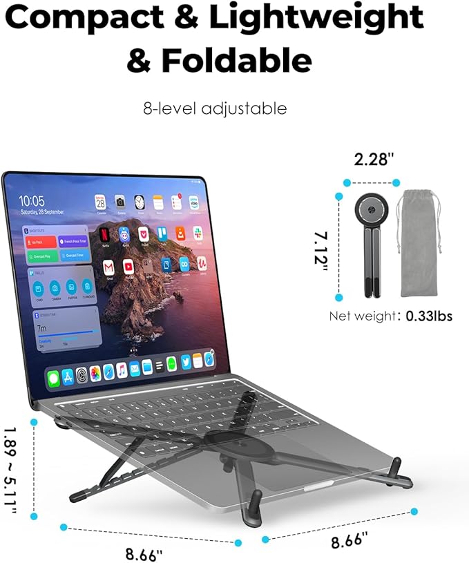 Viozon Portable Laptop Stand for Desk, Foldable Adjustable Computer Riser with Magnetic Phone Holder, Aluminum Laptop Stand for 10–16” Laptops & 4–13” Phones/Tablets (Space Grey)